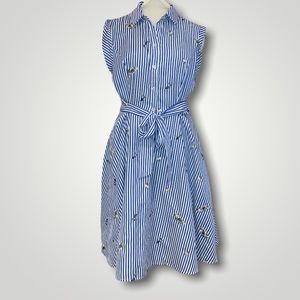 Lucy Paris Large Blue/White Striped with Embroidered Flowers Midi Wrap Tie Dress